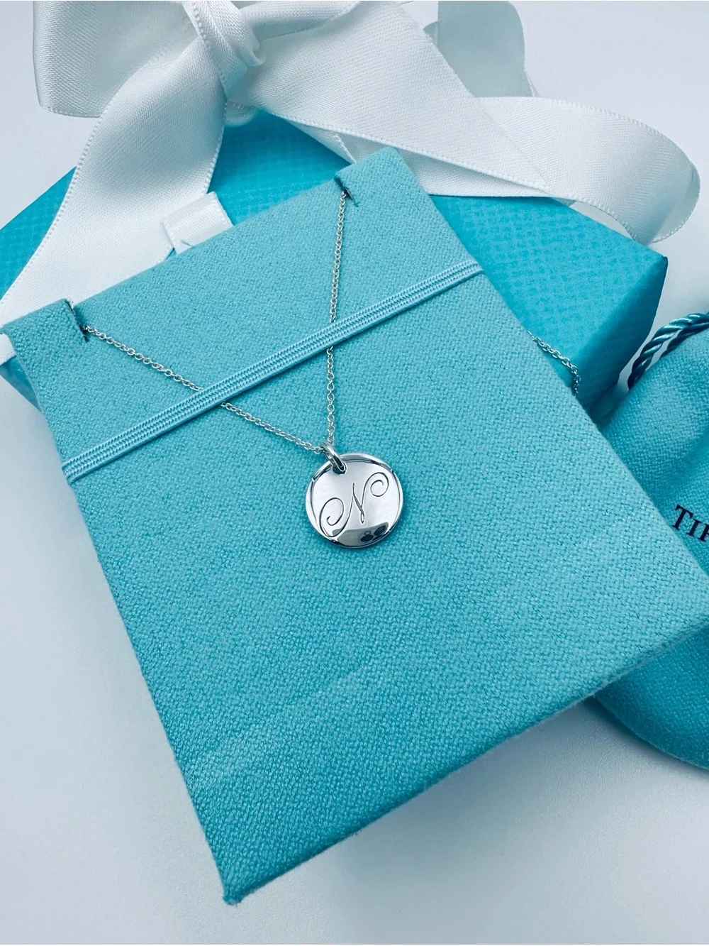 Tiffany & Co. Retired Notes Letter N Disc Charm Necklace 16” in Silver Packaging